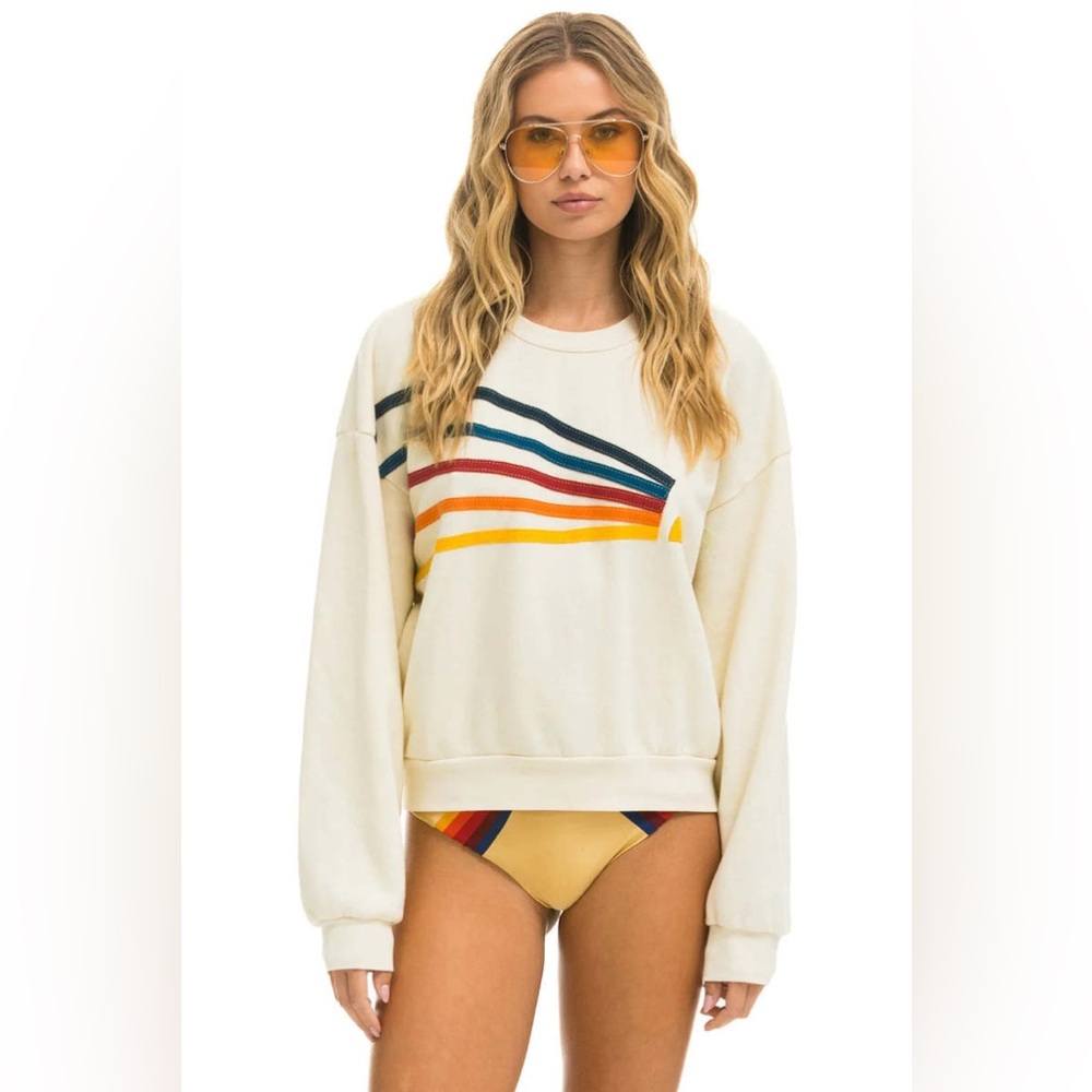 Aviator Nation Cream Sweater with Rainbow Stripes